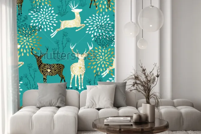 Naklejka: Złożony wzór wzoru z złocistą reniferową i boho styl natury dekoracyjnej