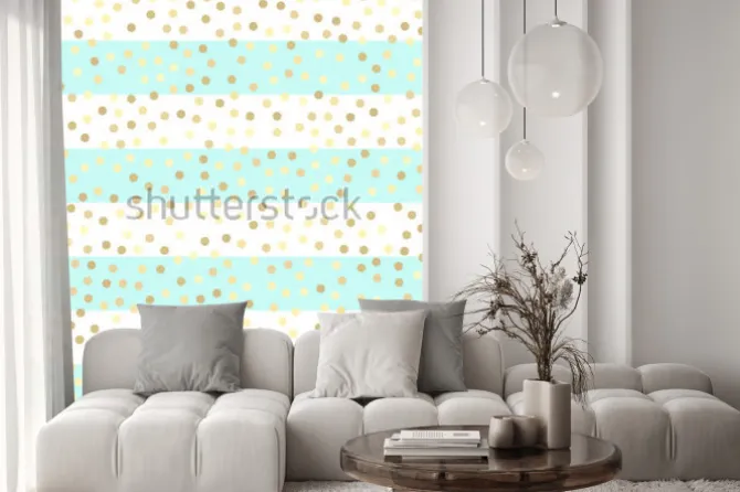 Naklejka: Złote błyszczące krople na turkusowych i białych paskach. bezszwowe