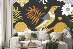 Naklejka: Złoty i srebrny kwiatowy wzór z ptakami w ogrodzie. styl minimalizmu.