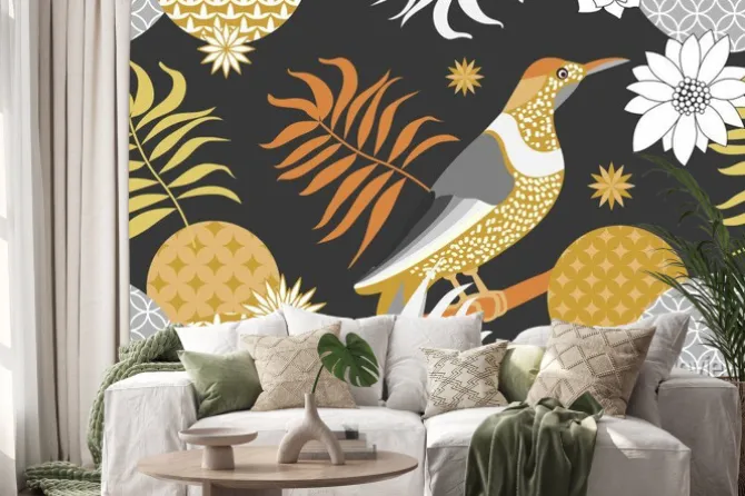 Naklejka: Złoty i srebrny kwiatowy wzór z ptakami w ogrodzie. styl minimalizmu.