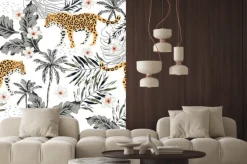 Naklejka: Zwierzęta tropikalne lamparty, kwiaty plumeria, liście palmowe,