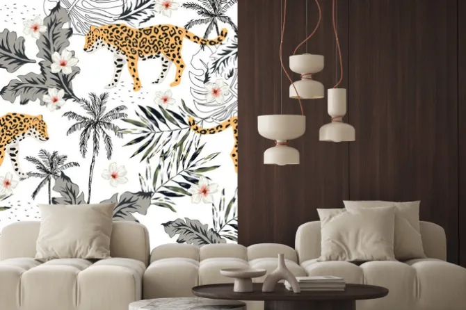 Naklejka: Zwierzęta tropikalne lamparty, kwiaty plumeria, liście palmowe,