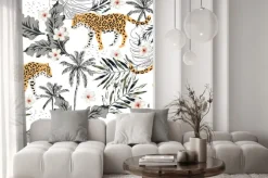 Naklejka: Zwierzęta tropikalne lamparty, kwiaty plumeria, liście palmowe,