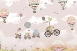 Naklejka: Zwierzątka w pojazdach i balony na tle różowego nieba