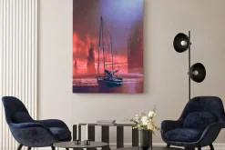 Obraz: ? aglówka na pla? y przeciwko opuszczonych budynków w morzu o