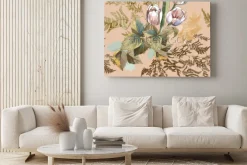 Obraz: 3 white tulips and grass watercolor on pink beige background