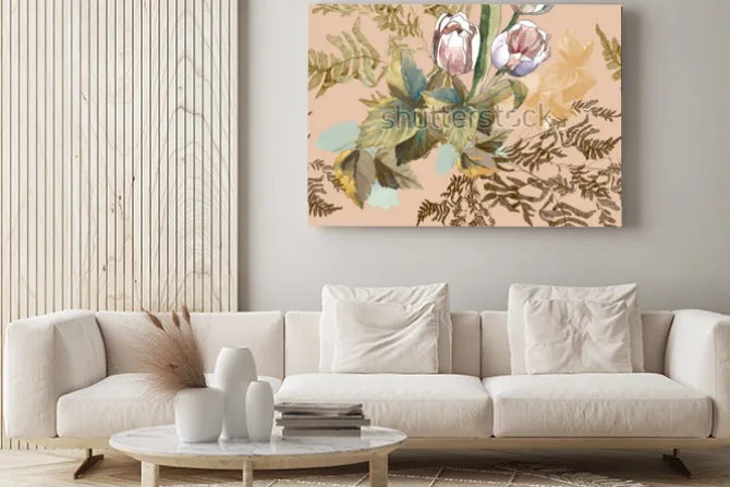 Obraz: 3 white tulips and grass watercolor on pink beige background