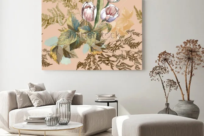 Obraz: 3 white tulips and grass watercolor on pink beige background