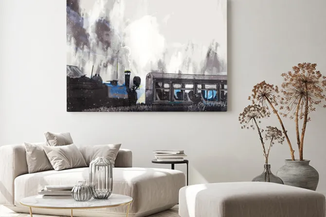 Obraz: Abstract painting of vintage train with smoke, digital painting