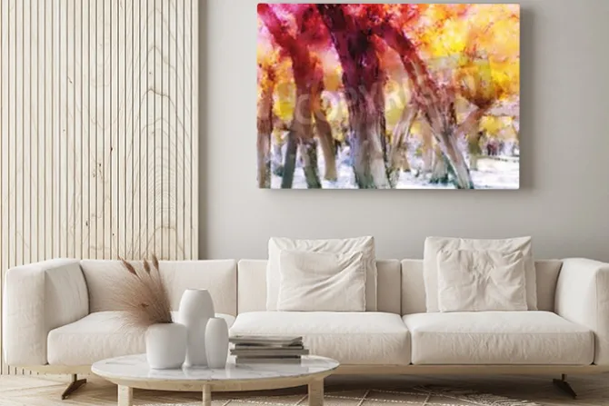 Obraz: Abstrakcjonistyczny obraz kolorowy las z żółtymi liśćmi w jesieni