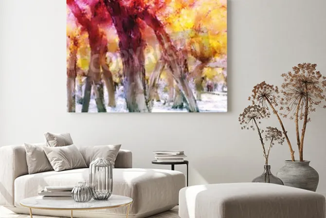 Obraz: Abstrakcjonistyczny obraz kolorowy las z żółtymi liśćmi w jesieni