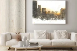 Obraz: Abstrakcjonistyczny budynek w mieście na akwarela obrazu tle.