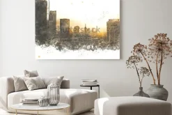 Obraz: Abstrakcjonistyczny budynek w mieście na akwarela obrazu tle.