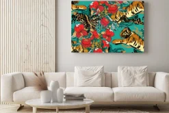 Obraz: Abstrakcyjna kompozycja z tygrysami i kwiatami