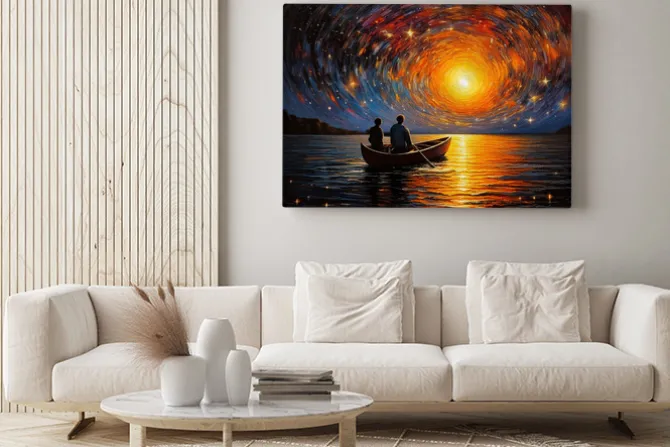 Obraz: Abstrakcyjny krajobraz gwieździsta noc nad jeziorem