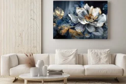 Obraz: Abstrakcyjny kwiat i złote liście na akwarelowym tle