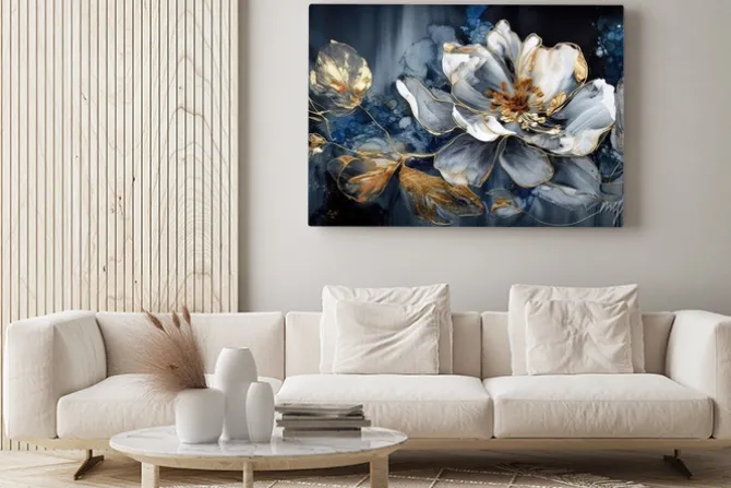 Obraz: Abstrakcyjny kwiat i złote liście na akwarelowym tle