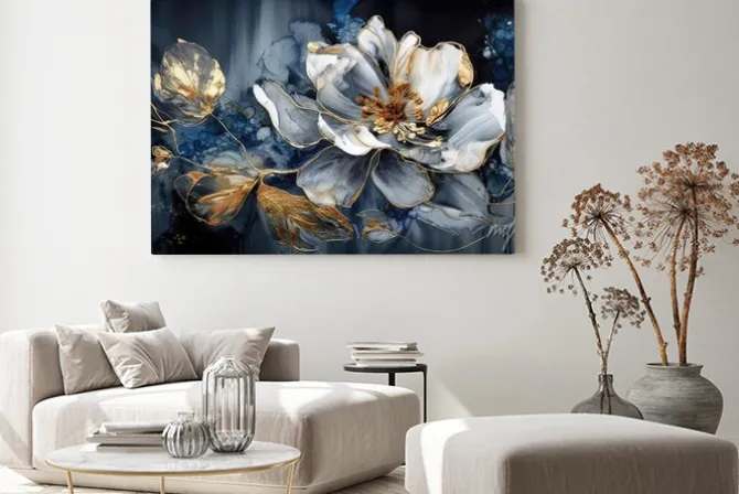 Obraz: Abstrakcyjny kwiat i złote liście na akwarelowym tle