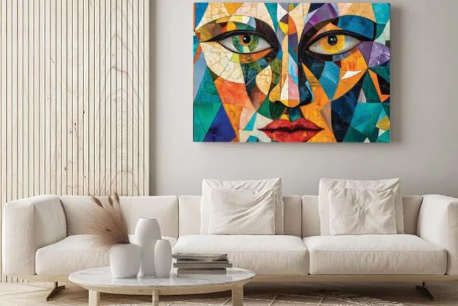 Obraz: Abstrakcyjny portret kolorowa twarz z geometrycznymi kształtami