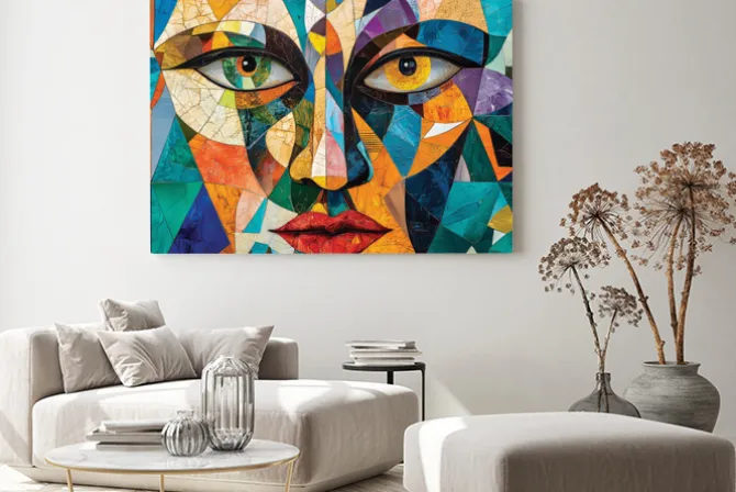 Obraz: Abstrakcyjny portret kolorowa twarz z geometrycznymi kształtami