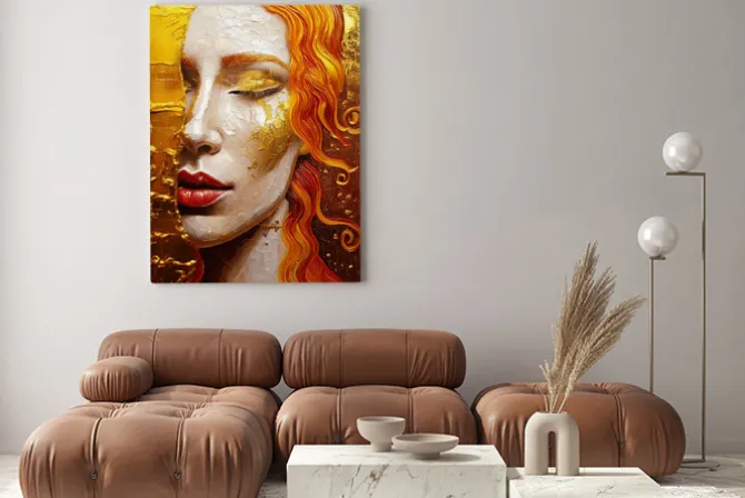 Obraz: Abstrakcyjny portret rudowłosej kobiety ze złotem