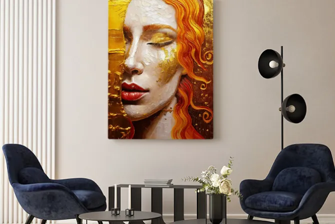 Obraz: Abstrakcyjny portret rudowłosej kobiety ze złotem