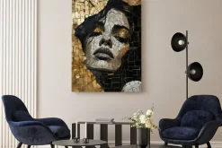 Obraz: Abstrakcyjny portret kobiety ze złotem w stylu mozaiki