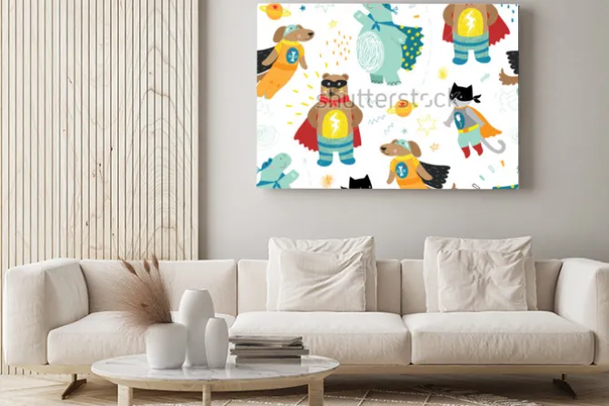 Obraz: Ładny ręcznie dzieci superbohatera wzór z psem, kot, niedźwiedź