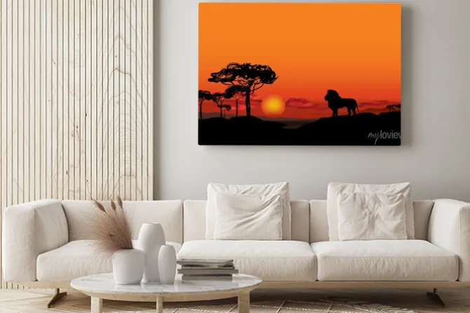 Obraz: Afrykański krajobraz z lwa zwierząt sylwetki. savanna tle zachodu