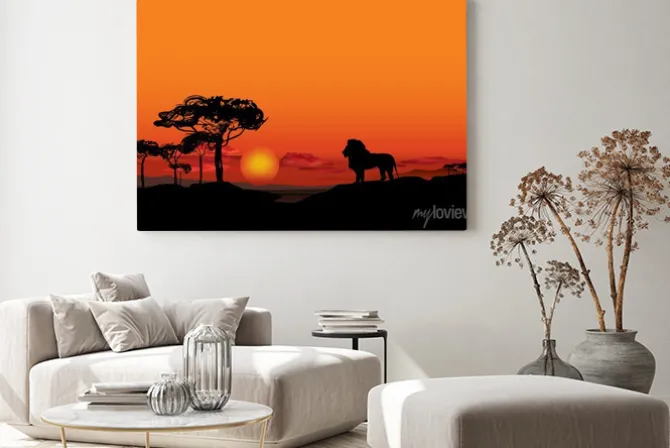 Obraz: Afrykański krajobraz z lwa zwierząt sylwetki. savanna tle zachodu