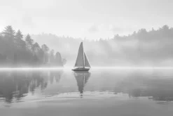 Obraz: Żaglówka na tle mglistego lasu w szarości
