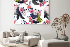 Obraz: Akwarela bezszwowe wzór z pandy i kwiaty na białym tle na białym