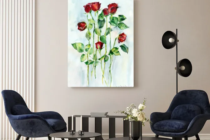 Obraz: Akwarela. czerwone róże z zielonymi liśćmi na długich łodygach.