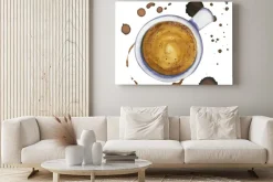 Obraz: Akwarela filiżanka kawy espresso z plamy i znaki kawy wokół,