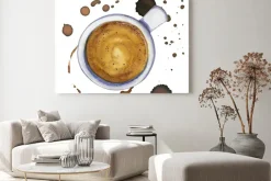 Obraz: Akwarela filiżanka kawy espresso z plamy i znaki kawy wokół,