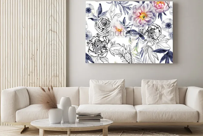 Obraz: Akwarela i atrament doodle kwiaty, liście, wzór chwastów. ręcznie