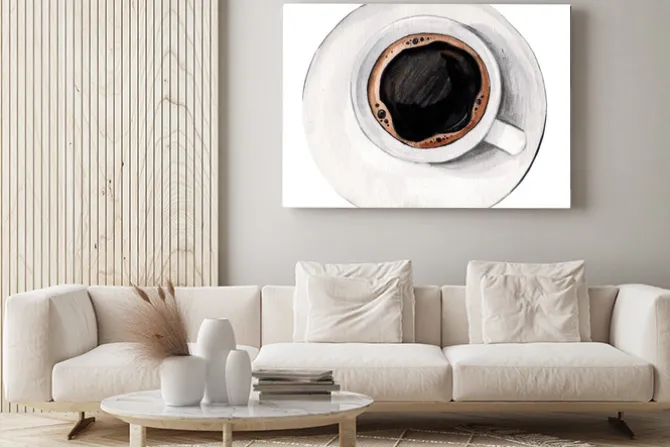 Obraz: Akwarela ilustrował gorącą kawę w białej porcelany filiżance