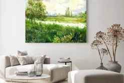 Obraz: Akwarela krajobraz. młody drzewo w łąkowej pobliskiej rzece