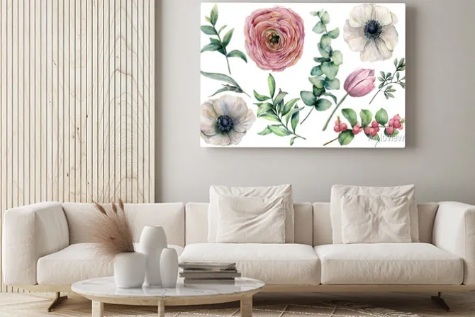 Obraz: Akwarela kwiat zestaw z liści eukaliptusa. ręcznie malowane anemon,