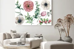 Obraz: Akwarela kwiat zestaw z liści eukaliptusa. ręcznie malowane anemon,