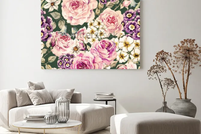 Obraz: Akwarela kwiatowy wzór z róży, pierwiosnka, dzwonek. kwiatowy