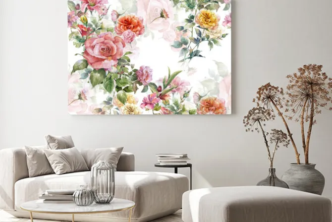 Obraz: Akwarela liść i kwiaty, bezszwowy wzór na białym tle