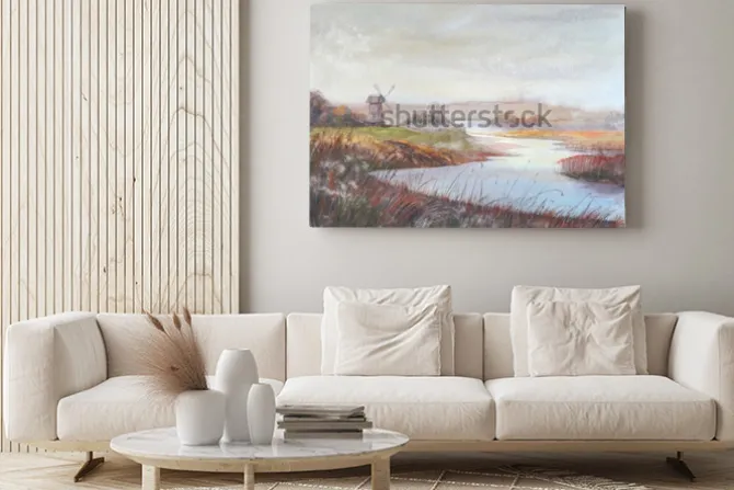 Obraz: Akwarela malarstwo krajobraz. rzeka i stary wiatrak. akwarela