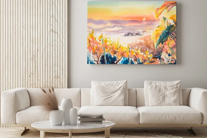 Obraz: Akwarela malowane ilustrację styrii toskanii winnica o zachodzie