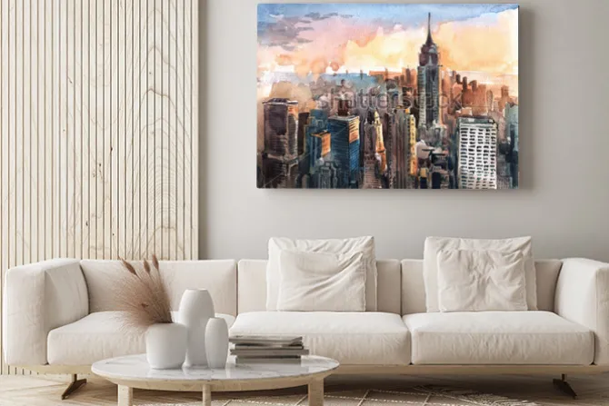 Obraz: Akwarela manhattan drapacze chmur przy zmierzchem - nowy jork