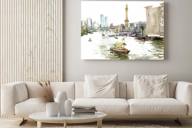 Obraz: Akwarela miasto kanał z łodzi ilustracji wektorowych.