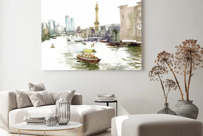 Obraz: Akwarela miasto kanał z łodzi ilustracji wektorowych.