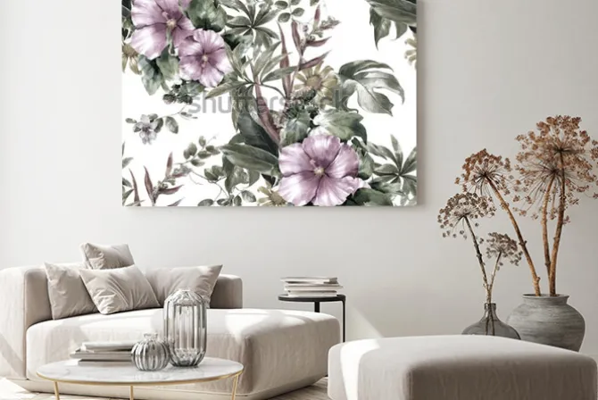 Obraz: Akwarela obraz liść i kwiaty, bezszwowy wzór na białym tle