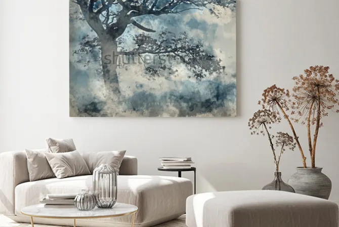 Obraz: Akwarela piękny krajobraz wsi wokół cummock wody jesienią w mglisty