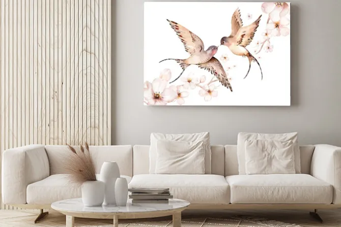 Obraz: Akwarela z wiosennymi jaskółkami i kwitnącymi kwiatami